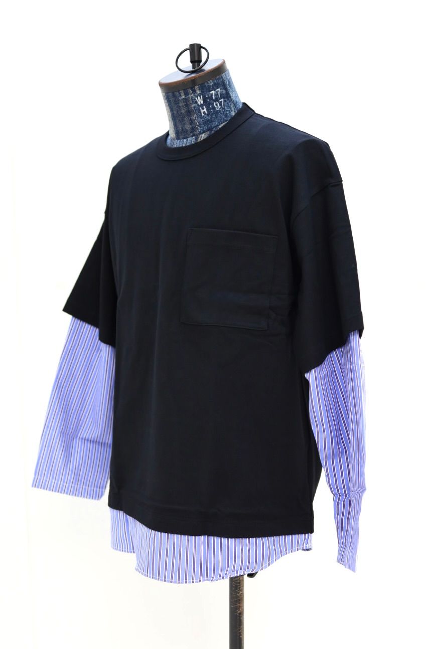 コムデギャルソンオム26SS 綿度詰天竺×綿ポプリンストライプTシャツ(HQ-T006-051)BLACK☆2月6日(金)発売
