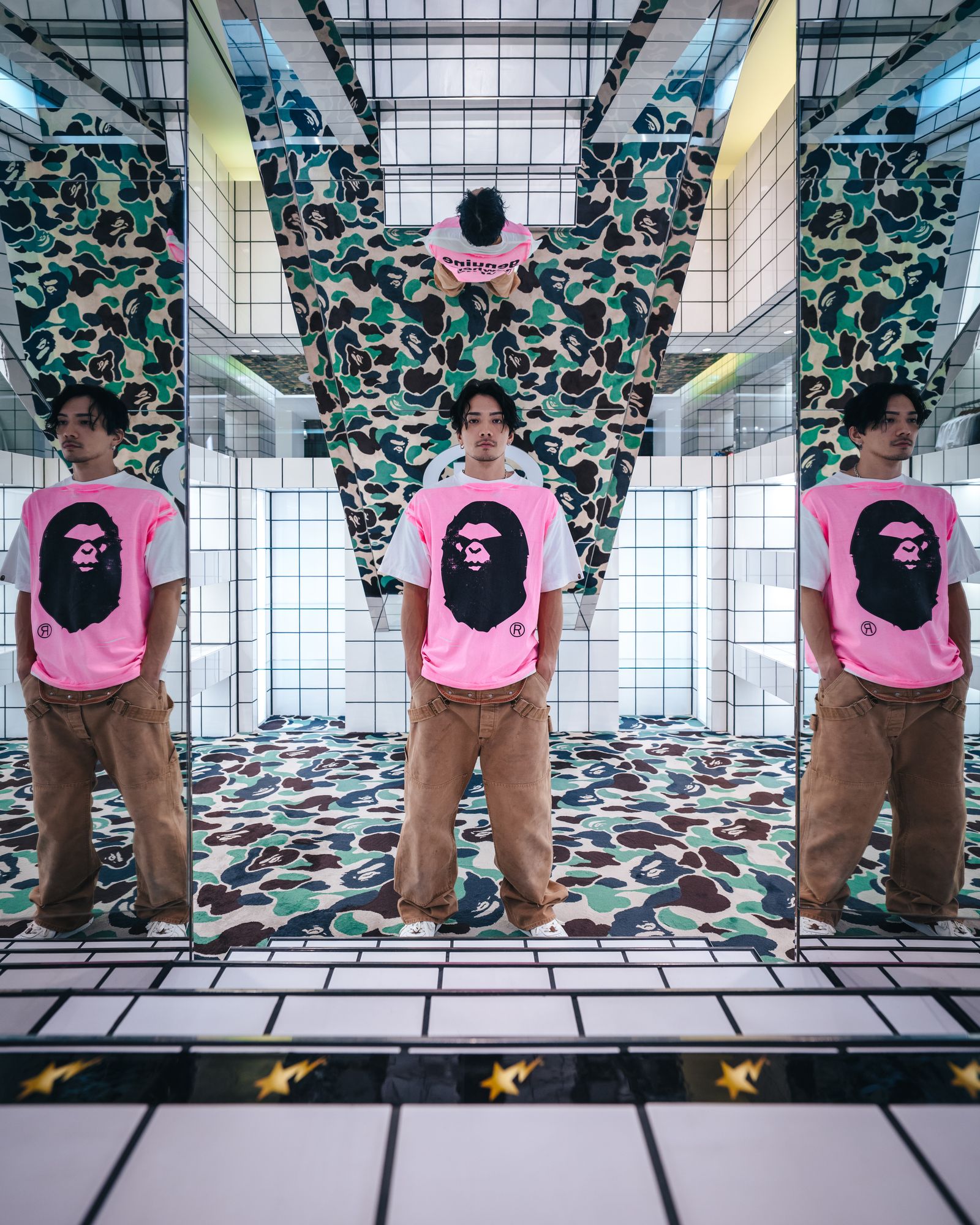 セントマイケル Tシャツ HANDPRINT BAPE_SS TEE(SM-HR1-0000-C33)WHITE×PINK