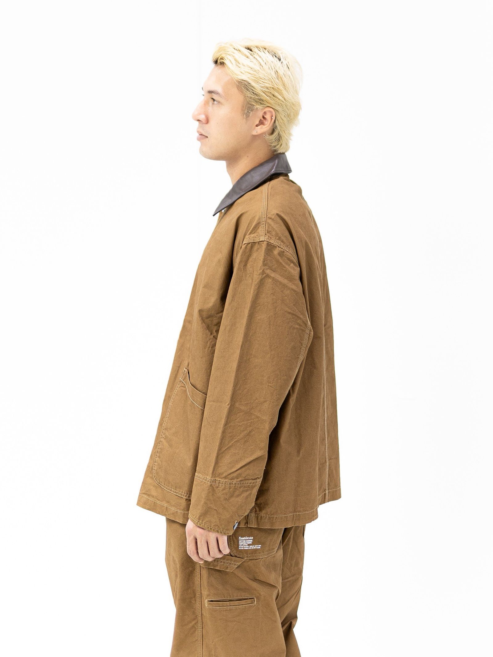 フレッシュサービス COTTON CANVAS LEATHER COLLAR WORK JACKET (CAMEL) MARKスタイル
