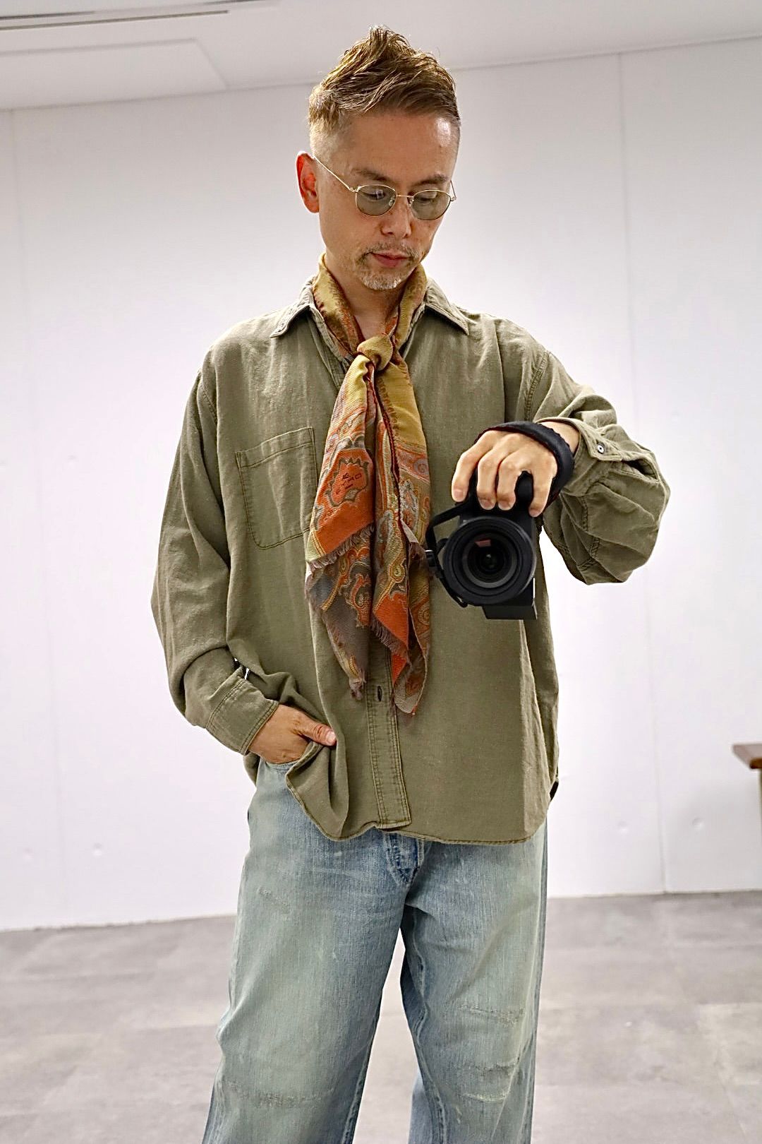 A.PRESSE 2026 STYLE2 Vintage Cotton Moleskin Shirts"KHAKI"スタイル