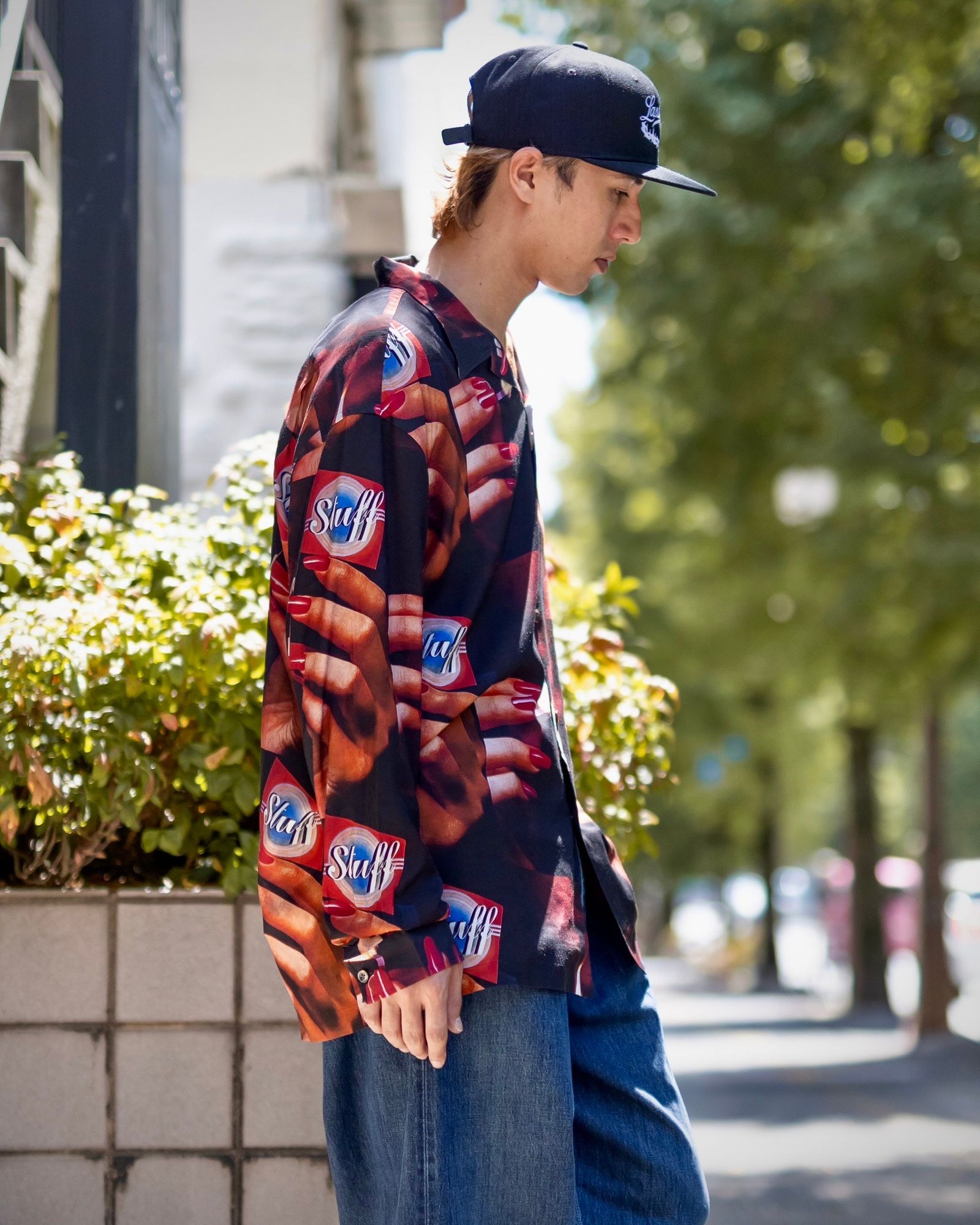 LASTMAN PRINTED OPEN COLLOAR SHIRTS L/S "STUFF" MARK スタイル