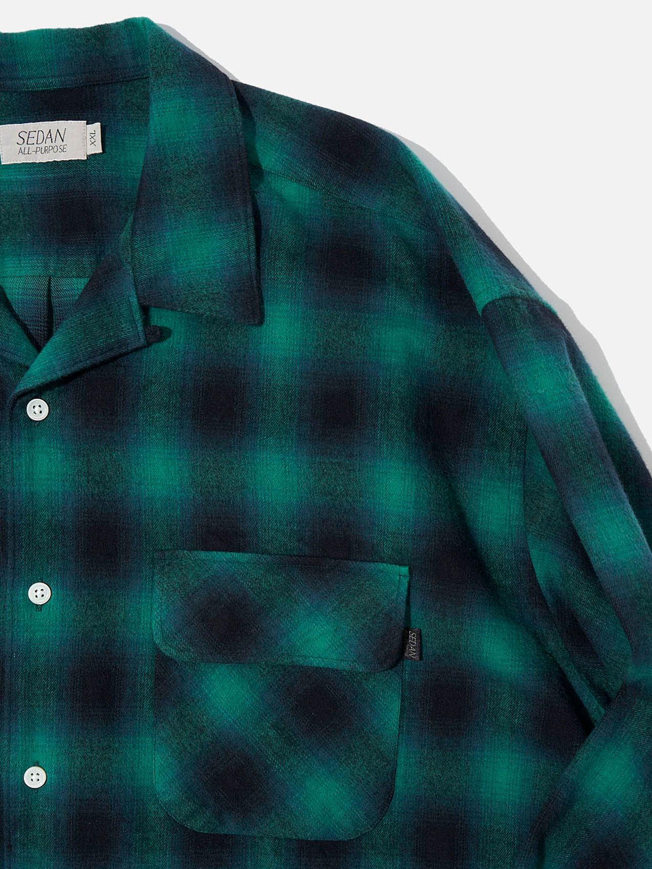 セダンオールパーパスFW23 Brushed Ombre Plaid Open Collar Shirt (SD23F-SH02)Green Plaid