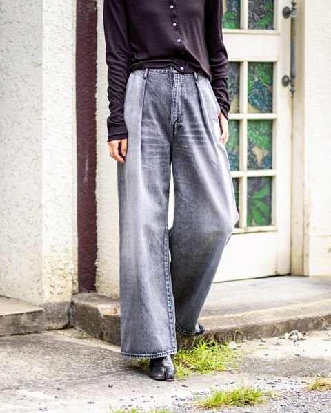 Graphpaper 25AW Women's Selvage Denim Two Tuck Wide Pants(GL253-40062LB)BLACK_LIGHT FADE
