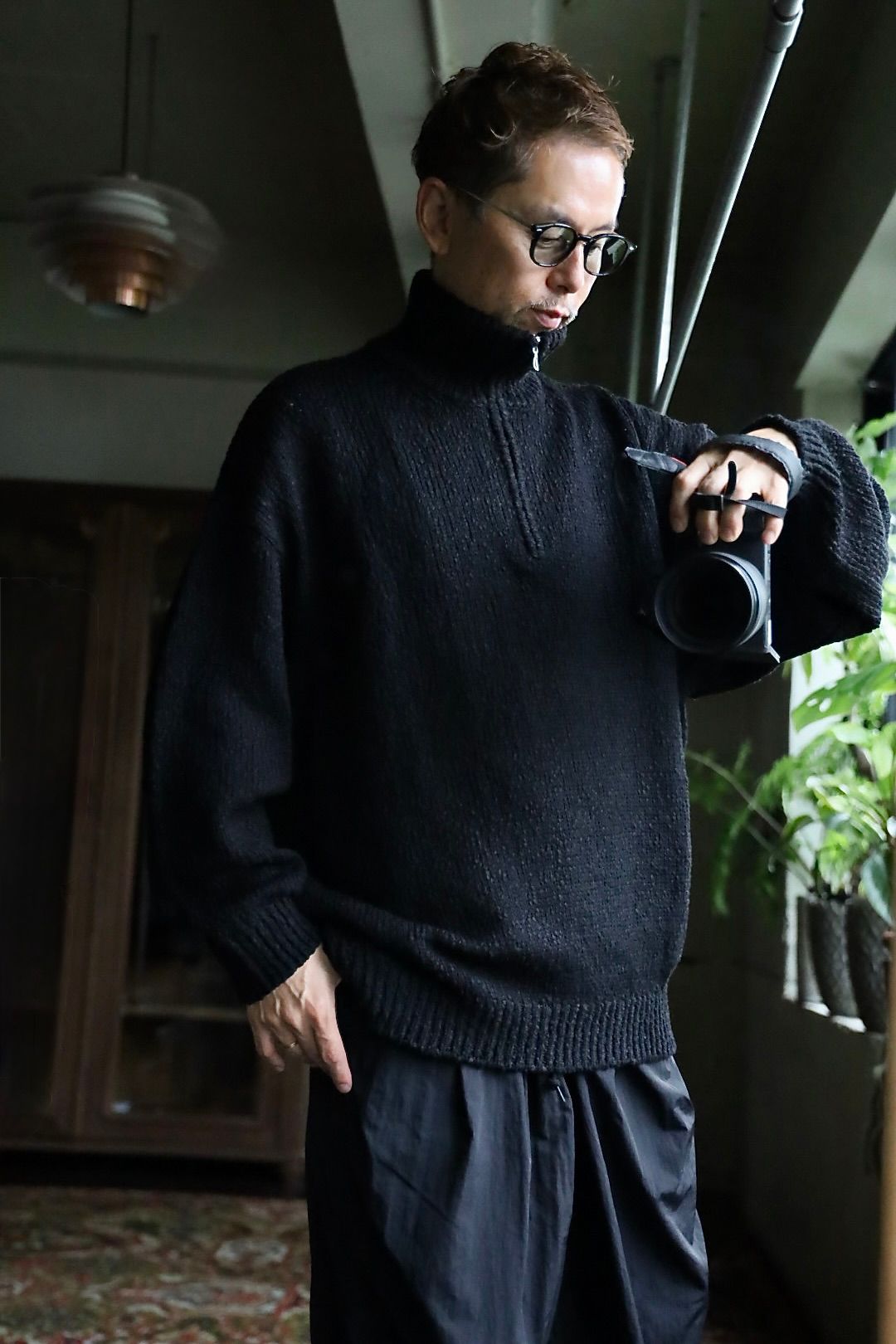グラフペーパー Cotton Wool Slub Oversized Half Zip Knit(GU263-80603)BLACK