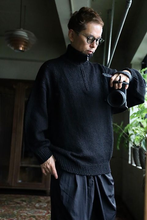 グラフペーパー Cotton Wool Slub Oversized Half Zip Knit(GU263-80603)BLACK