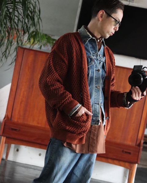 YOKE MESHED KNIT CARDIGAN"ORANGE"style.2022.2.21.