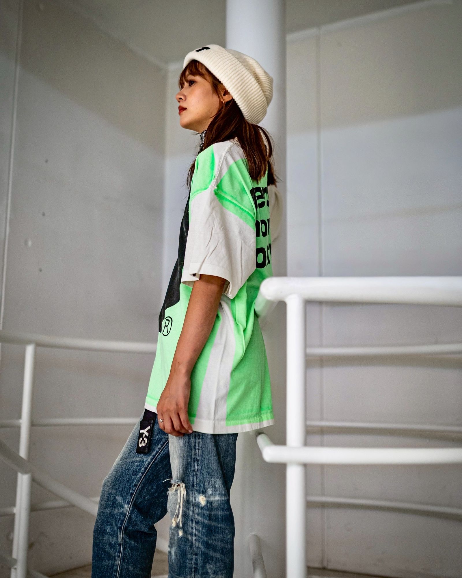 セントマイケル Tシャツ HANDPRINT BAPE_SS TEE(SM-HR1-0000-C34)WHITE×GREEN