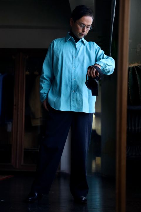 A.PRESSE Double Weave Twill Regular Collar Shirt"TURQUOISE"スタイル.2025.1.12.