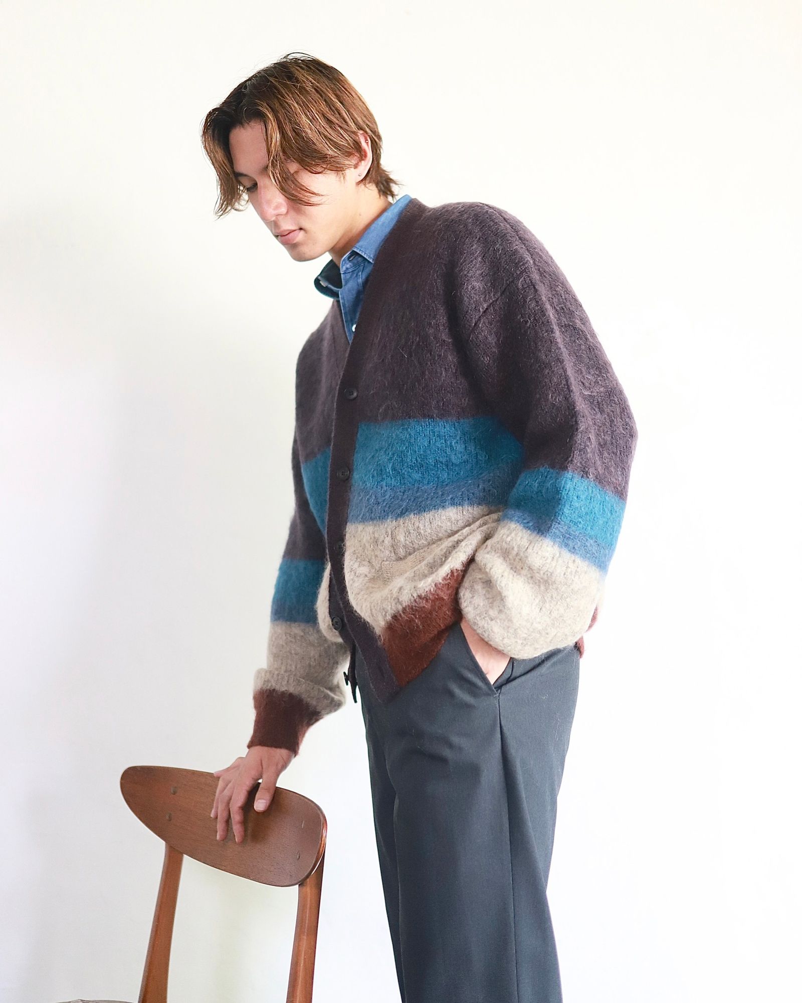ヨーク23AW MOHAIR BORDER CARDIGAN(YK23FW0571S)PURPLE