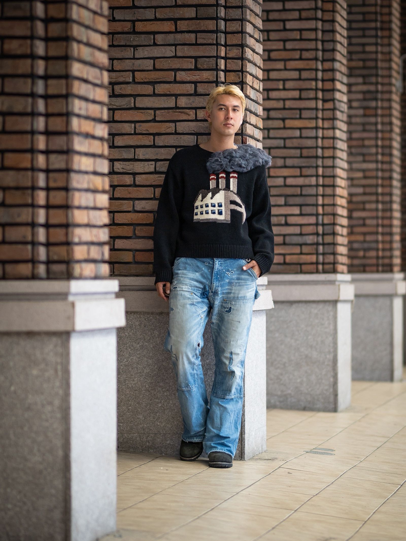 doublet SMOKING FACTORY INTARSIA KNIT PULLOVER MARKスタイル