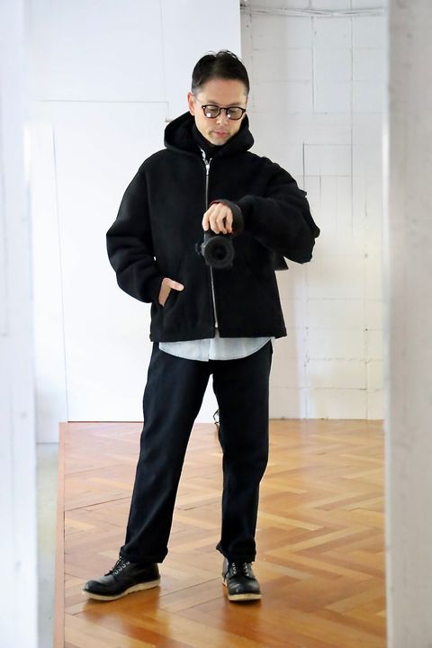 A.PRESSE Mouton ZIP leather Hoodieスタイル