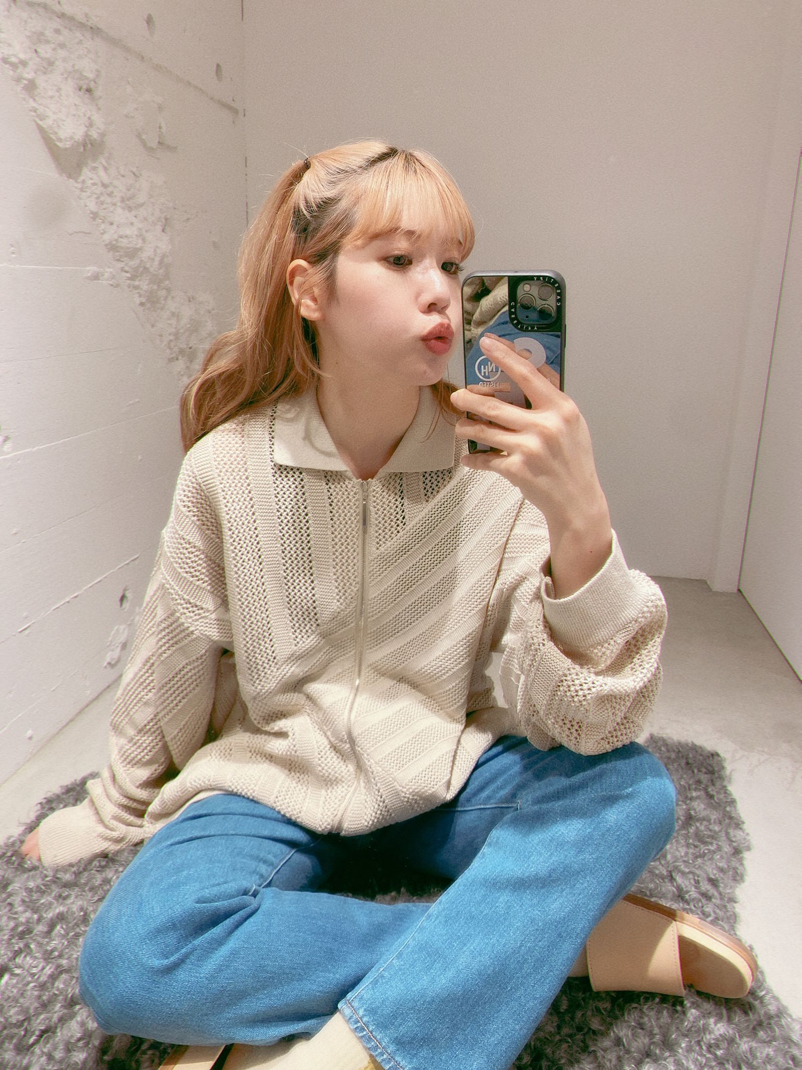 ヨーク24SS COTTON MESH STRIPE ZIP-UP CARDIGAN(YK24SS0674S)IVORY