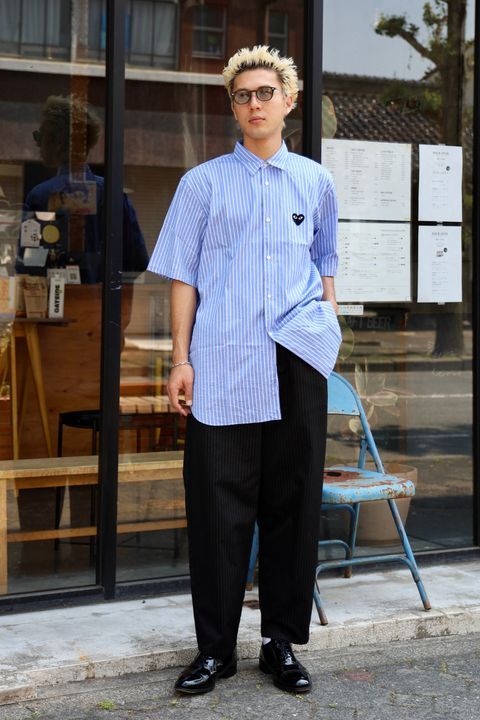 PLAYプレイコムデギャルソン MEN'S STRIPED S/S SHIRT BLACK HEART(STRIPED)(AX-B022-051)