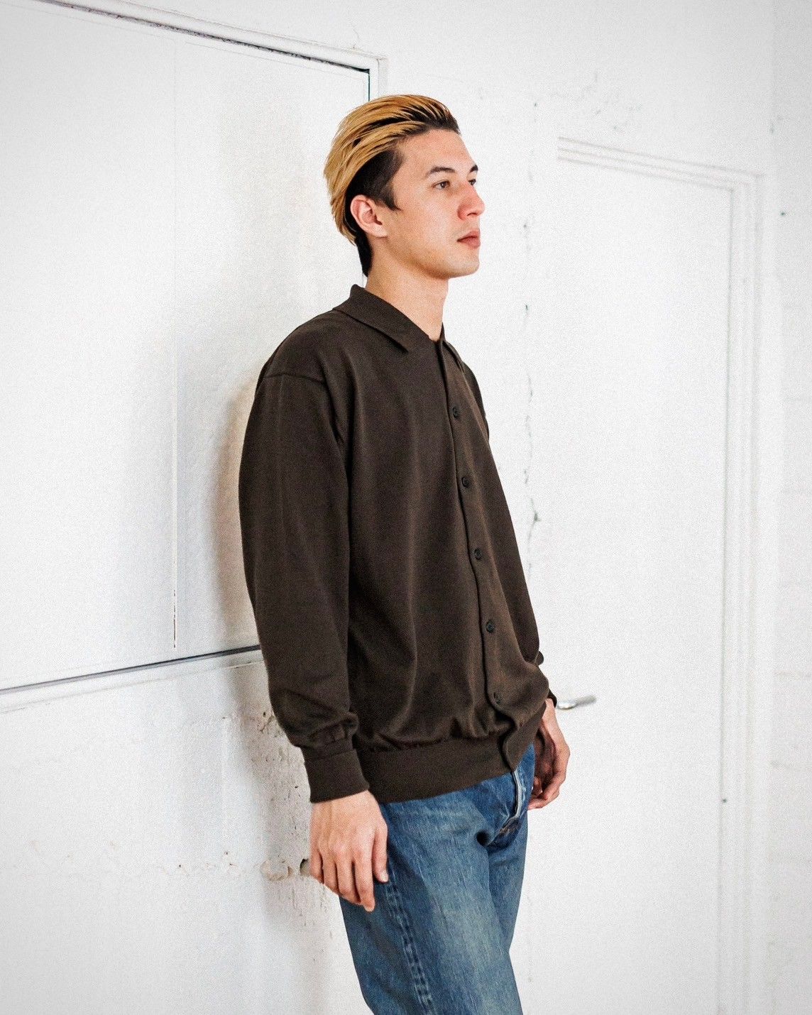 A.PRESSE Cotton Knit Polo Collar Cardigan [BLACK] - Fresh