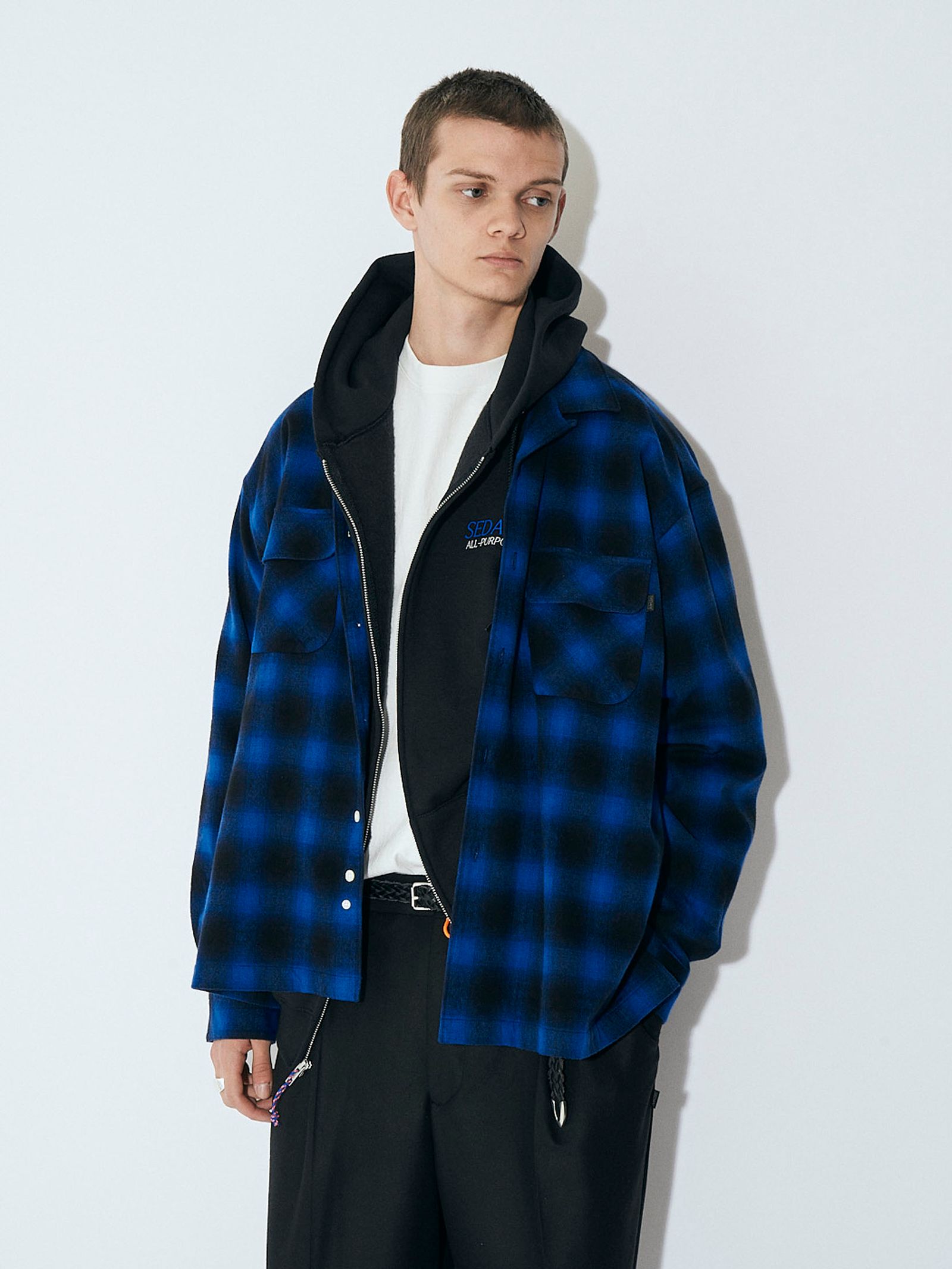 セダンオールパーパスFW23 Brushed Ombre Plaid Open Collar Shirt (SD23F-SH02)Blue Plaid