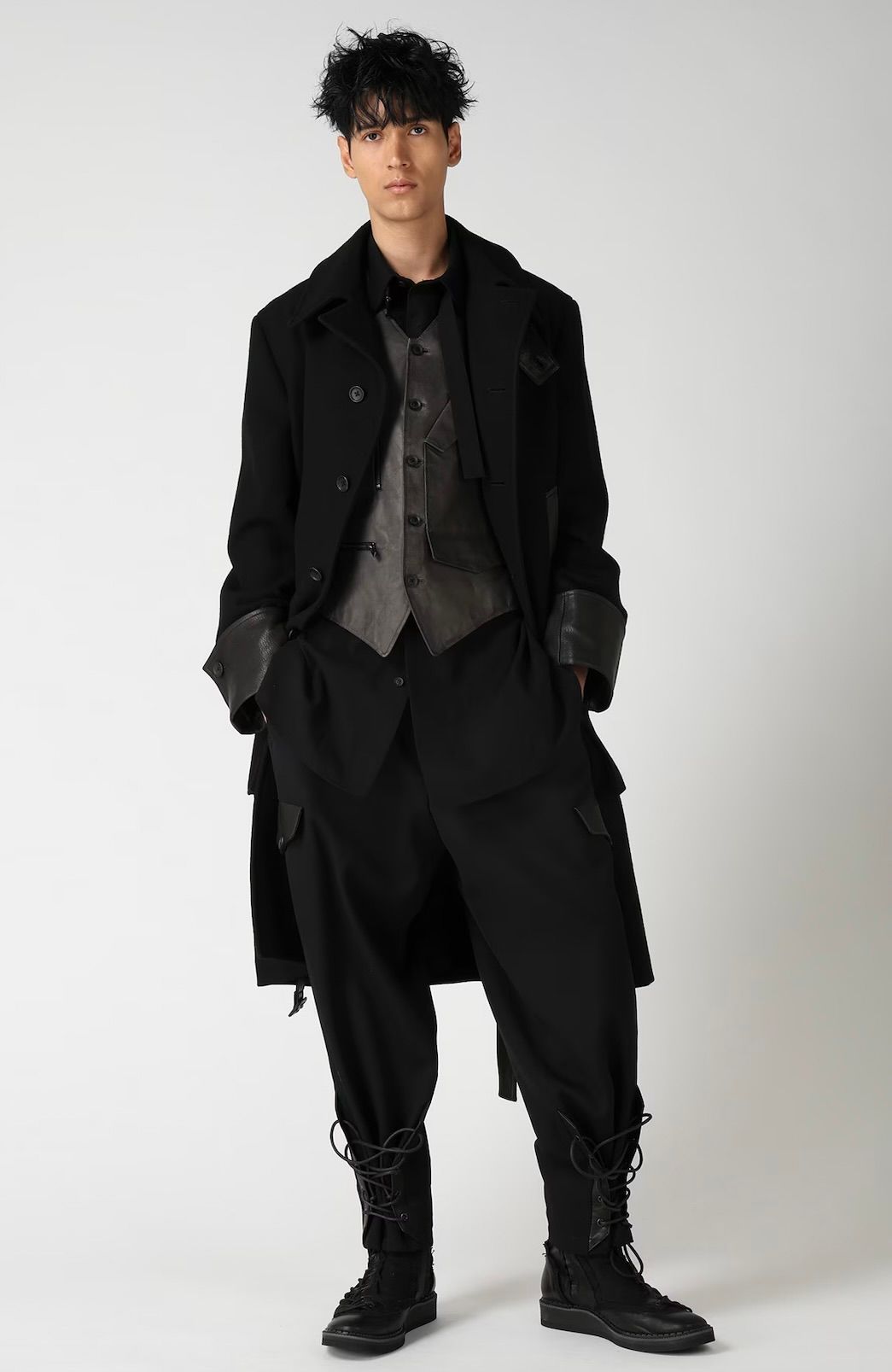 yohji yamamoto - Yohji Yamamoto 革切り替え6つ釦ロングジャケット(HW