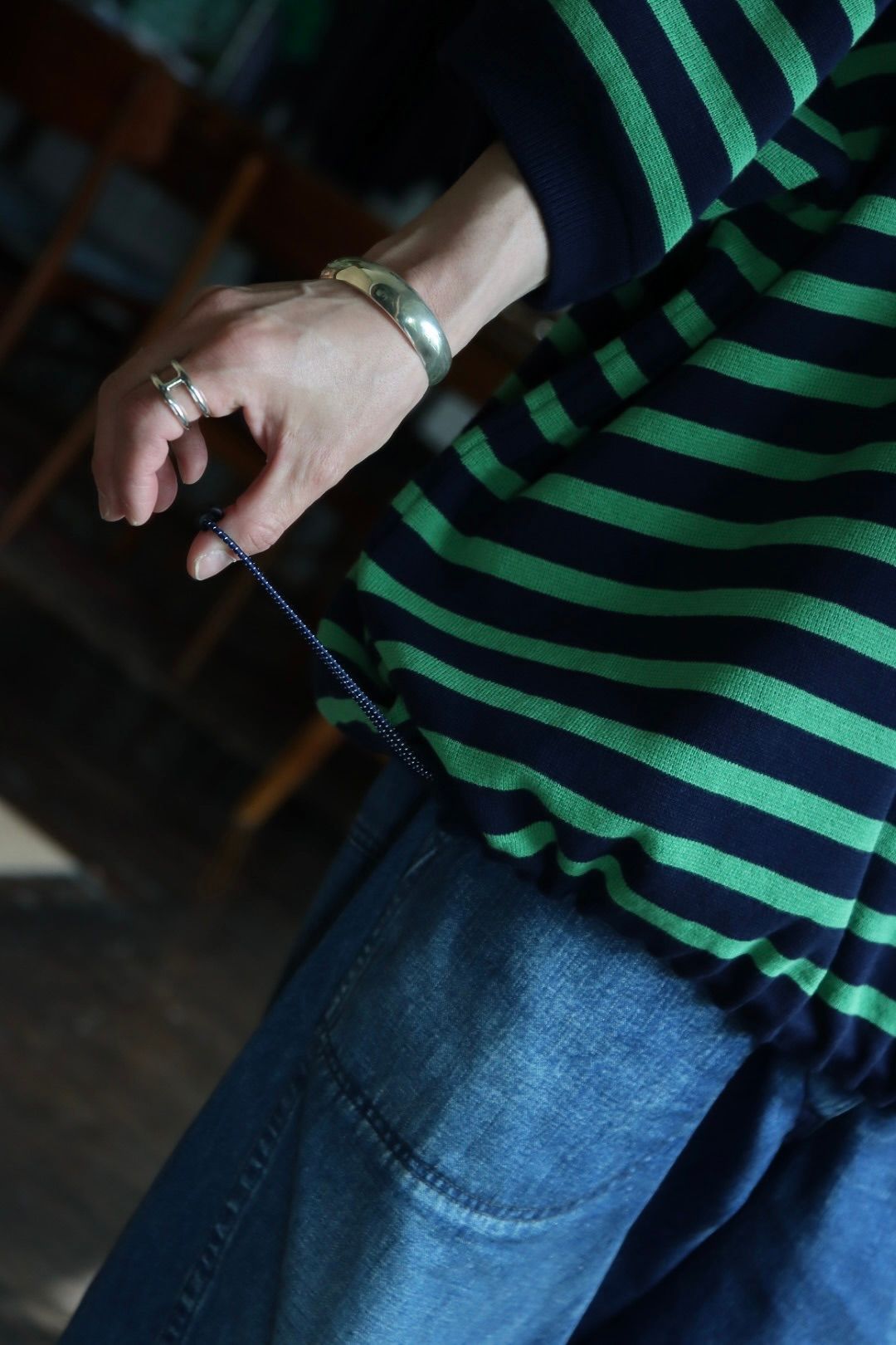 イズネス22SS SHORT SLEEVE BASQUE SHIRT(NAVY×GREEN BORDER)