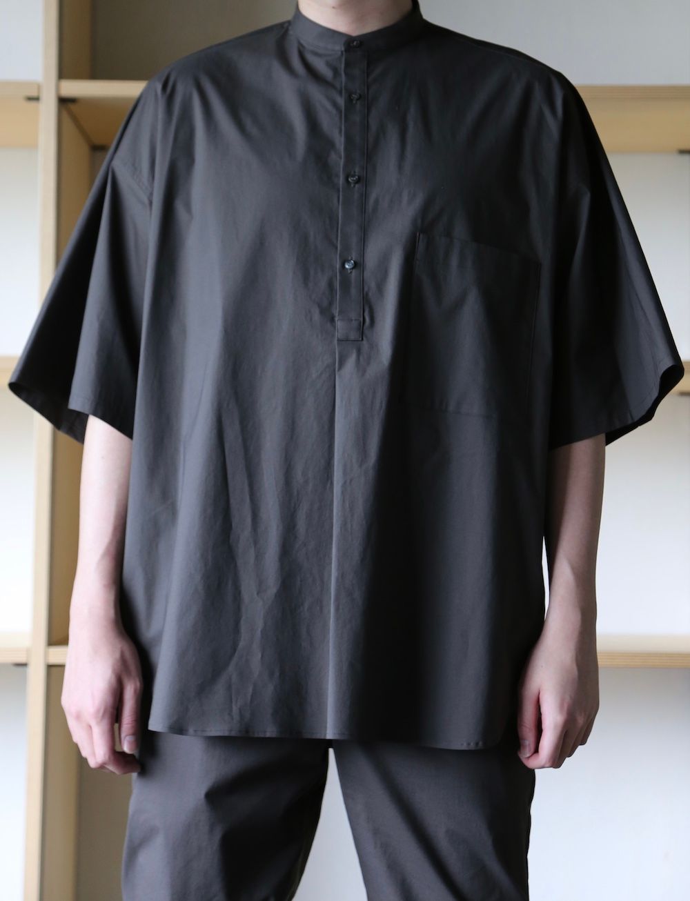 トップス Graphpaper 21SS Stand Collar S/S Shirt Graphpaper Stretch Typewriter Stand Collar Short Yoke Sleeve