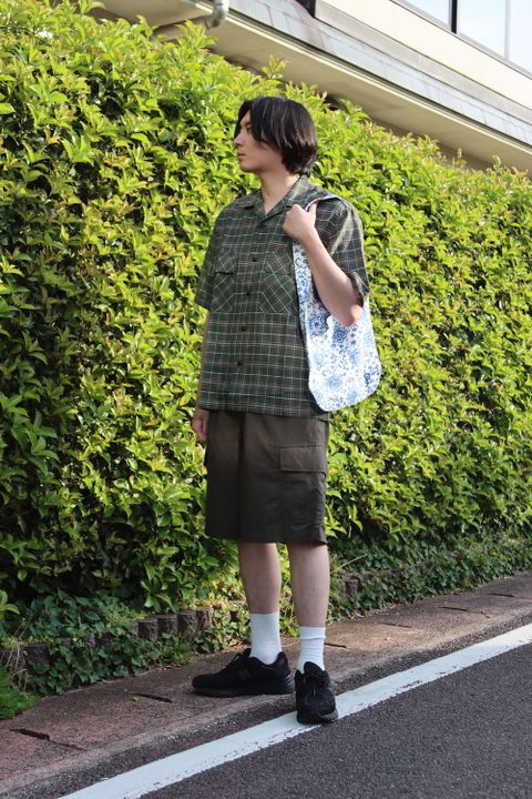 COMME des GARCONS HOMME リネン綿チェック x 綿タイプライター S/S オープンカラーシャツ style.2022.5.6