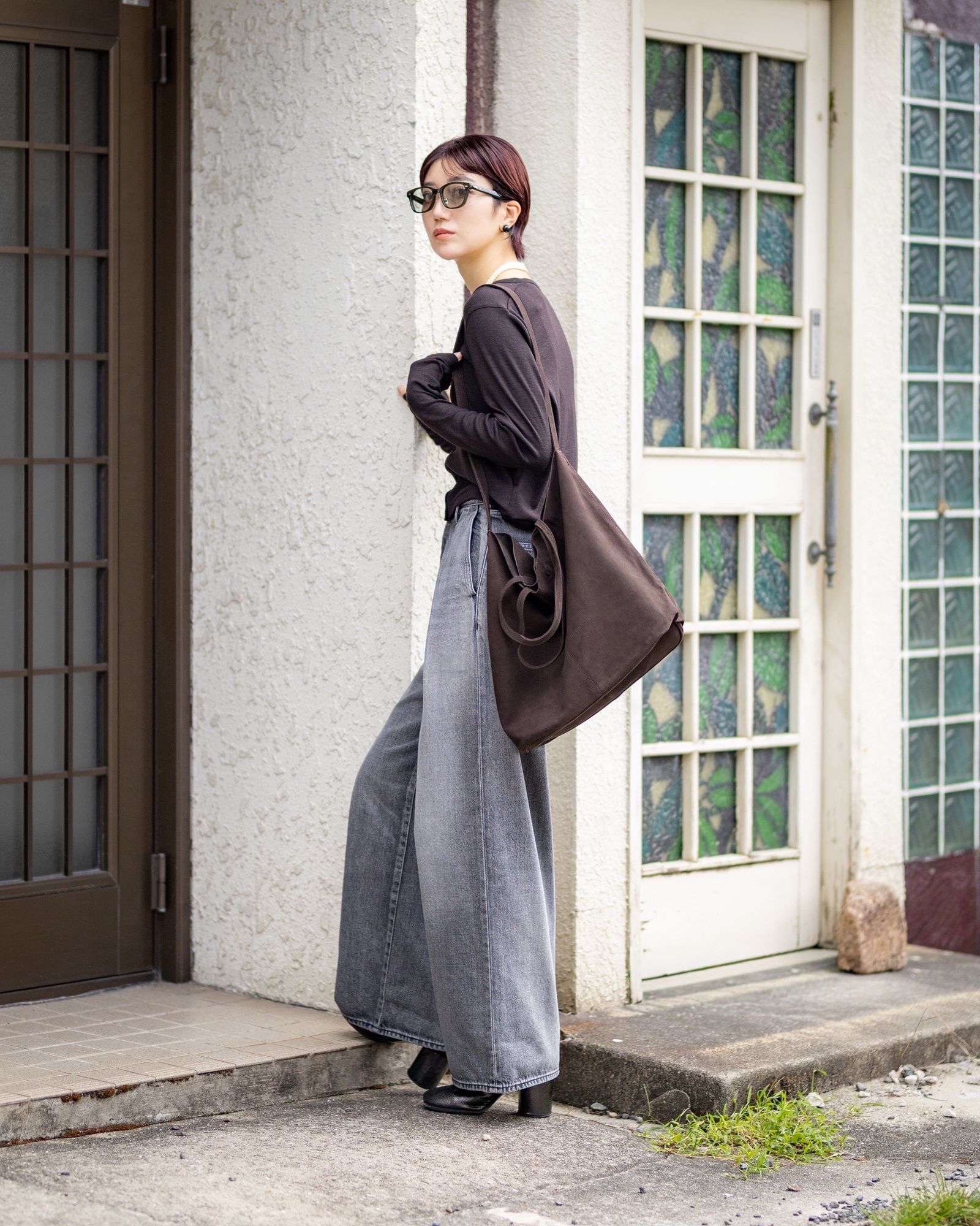 Graphpaper 25AW Women's Selvage Denim Two Tuck Wide Pants(GL253-40062LB)BLACK_LIGHT FADE