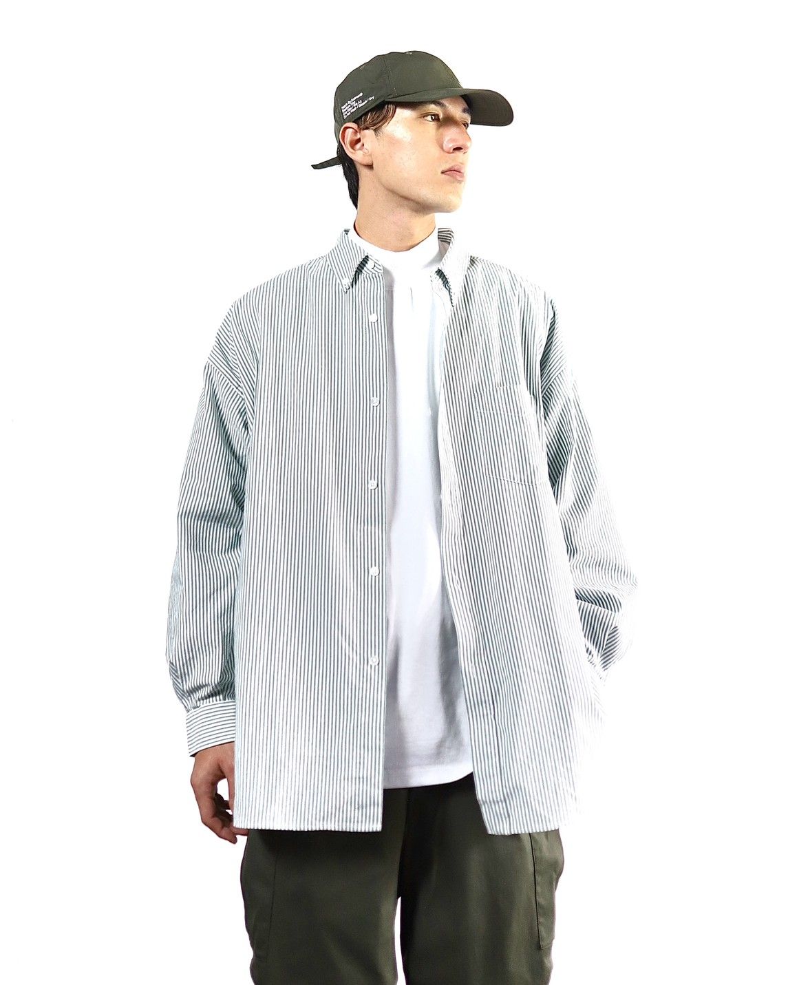 FreshService フレッシュサービスDRY OXFORD CORPORATE L/S B.D.SHIRT"GREEN STRIPE"スタイル