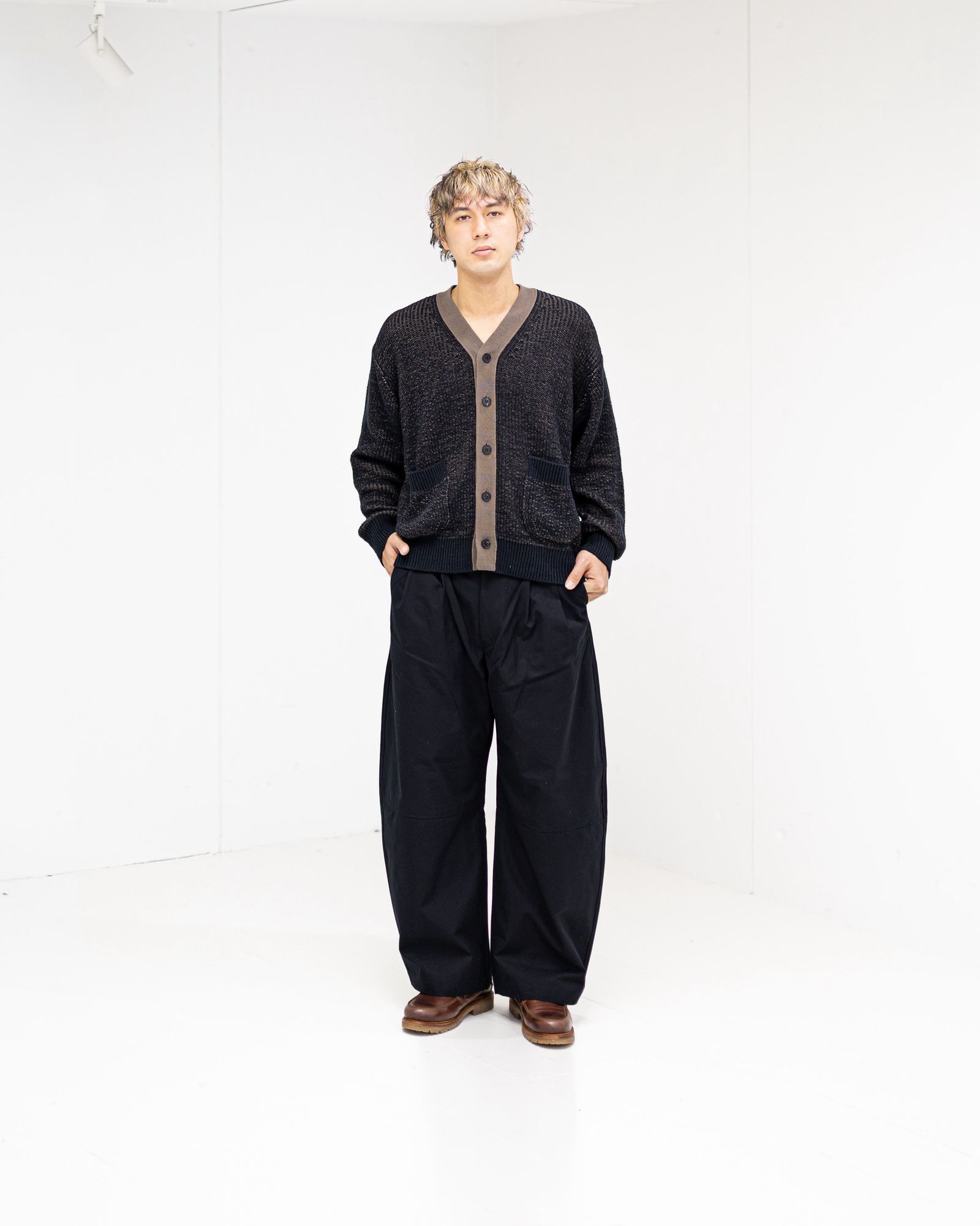 コムデギャルソンオム26SS シルク×綿片畦プレーティングカーディガン(HQ-N002-051)NAVY×BROWN☆2月6日(金)発売