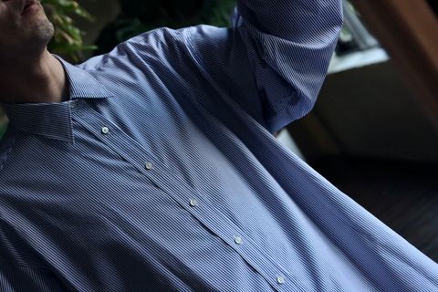 グラフペーパー22AW High Count Broad Stripe Regular Collar Shirt"BLUE STRIPE"スタイル