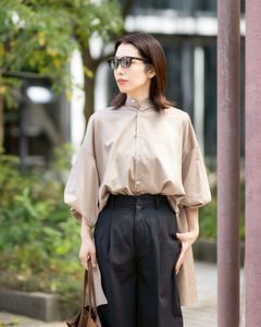 グラフペーパー Women's 26SS  Silicon Poplin Deep Slit Band Collar Shirt(GL261-50184)TAUPE