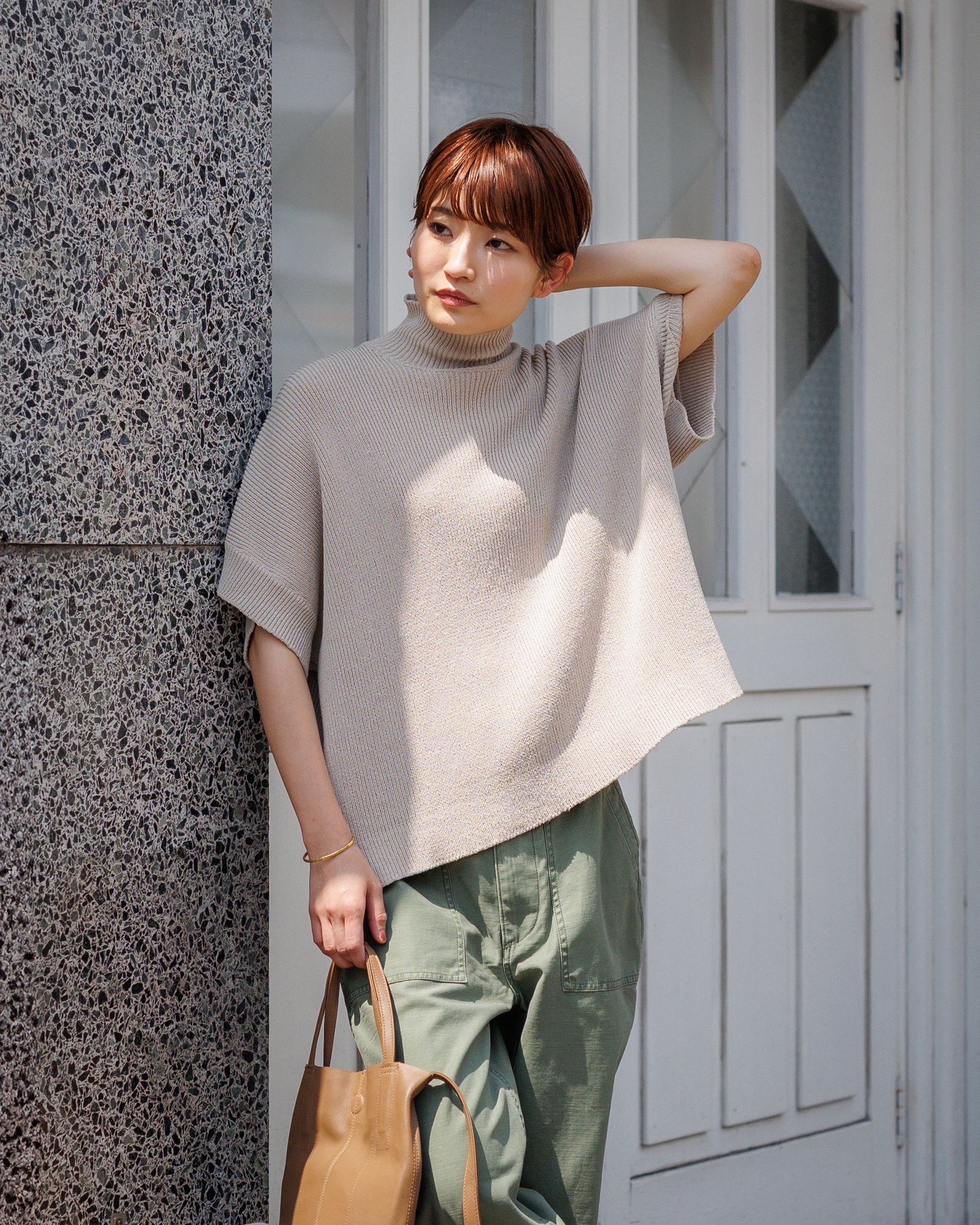 Graphpaper 25SS WOMENS Linen Solotex S/S Mock Neck Knit(GL251-80060)BEIGE
