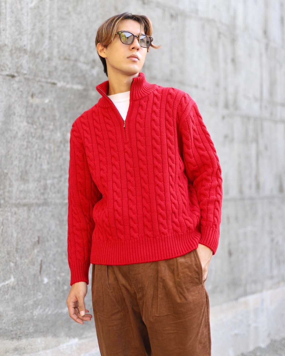 アプレッセ23AW Cashmere Aran Half Zip Sweater(23AAP-03-03K)RED