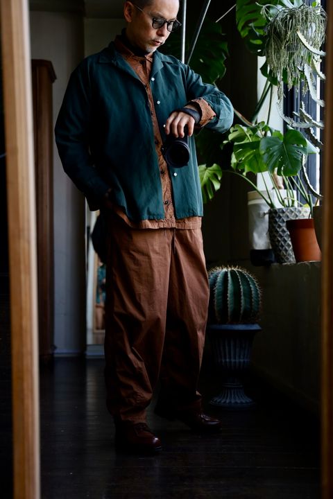 A.PRESSE US Silk Cotton Open Collar L/S Shirtスタイル