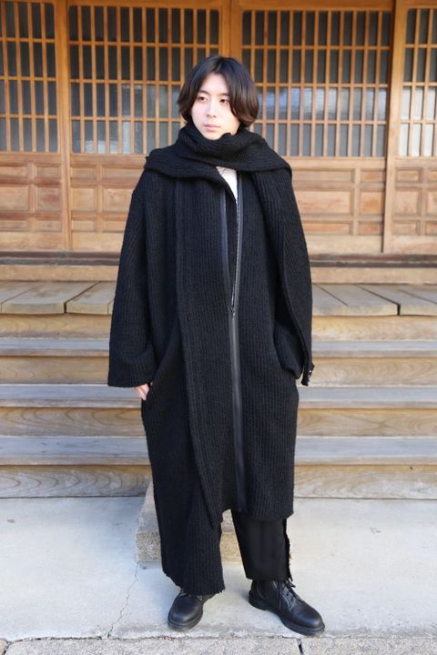 yohji yamamoto アンバランスファスナーロングニットカーディガン Style.2020.10.24.