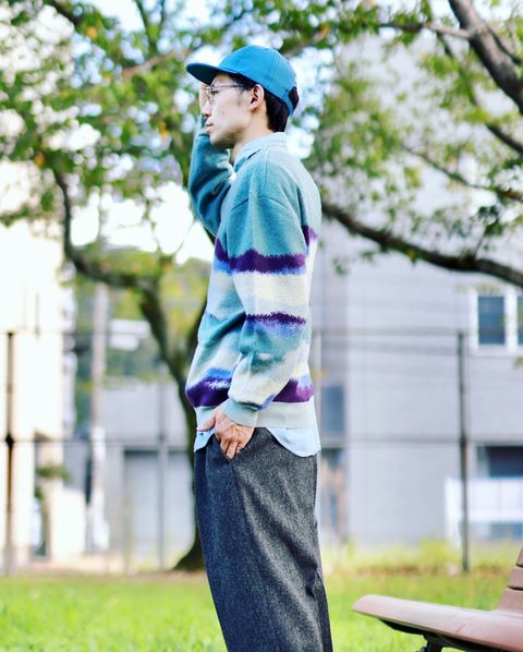 Graphpaper 23AW Jacquard Crew Neck Knit"BLUE FOG"スタイル