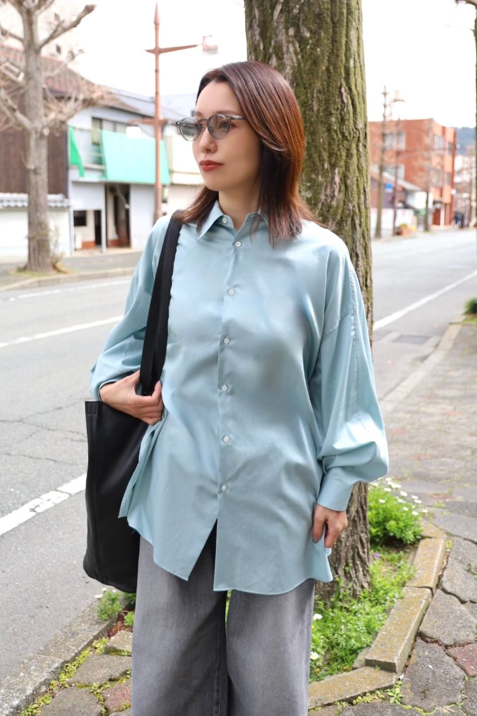 グラフペーパー Women's 26SS  Silicon Poplin Deep Slit Regular Collar Shirt(GL261-50183)SMOKE BLUE☆2月28日(土)発売！