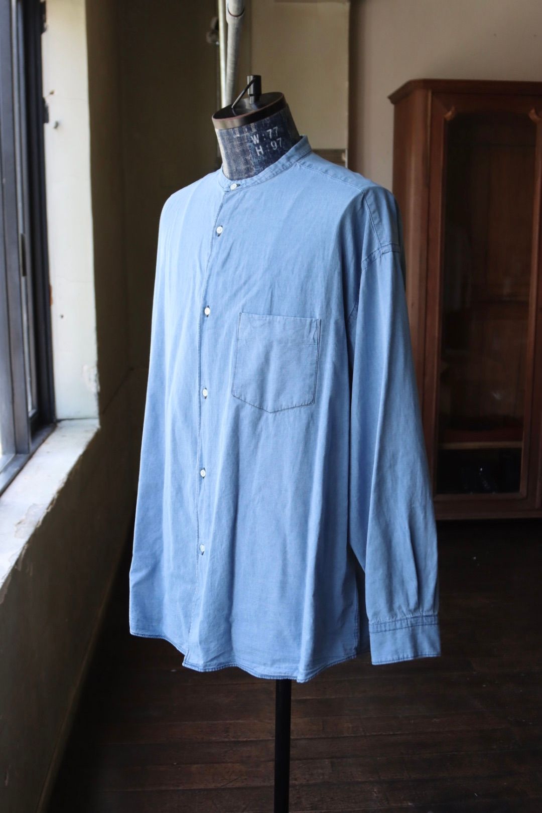 グラフペーパー SIDOGRAS Indigo Poplin L/S Oversized Band Collar Shirt(GM252-50046)LIGHT FADE☆8月2日(土)発売！