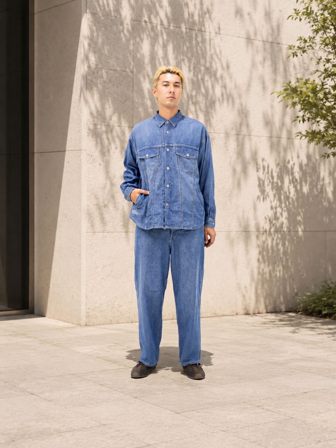 フレッシュサービス N/C TECH DENIM TRUCKER SHIRT MARKスタイル