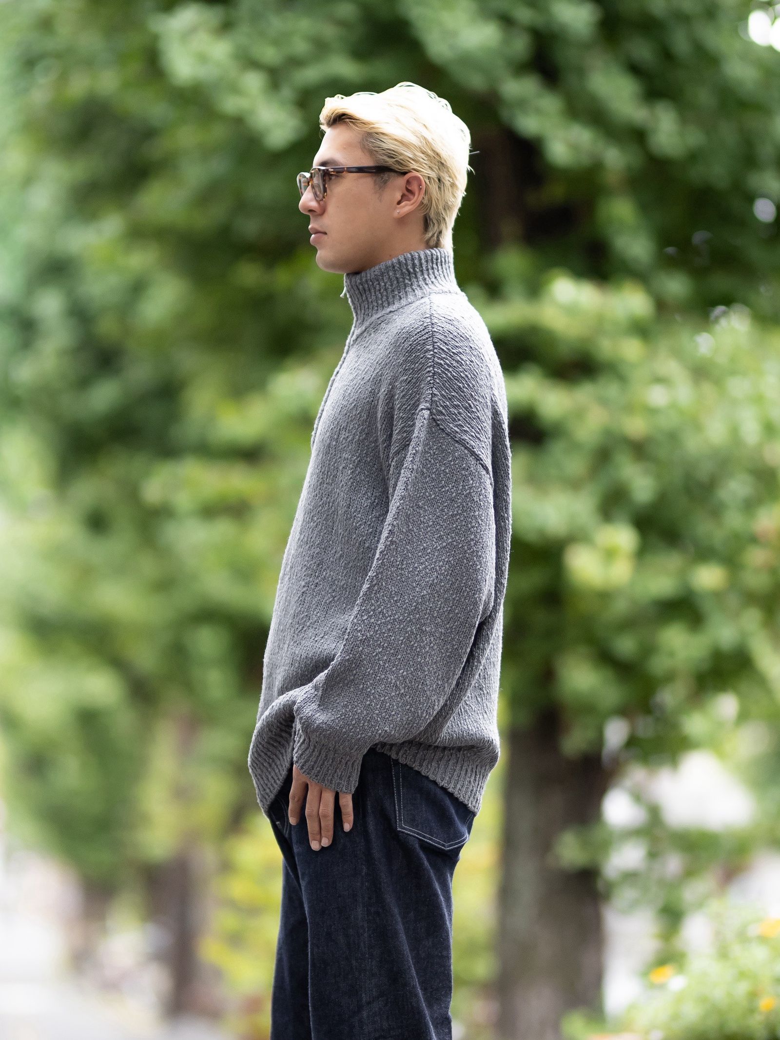 グラフペーパー Cotton Wool Slub Oversized Half Zip Knit(GU263-80603)STONE GRAY