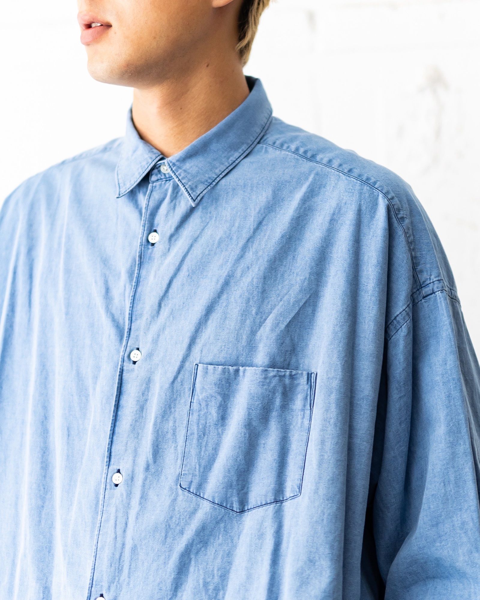 グラフペーパー SIDOGRAS Indigo Poplin L/S Oversized Regular Collar Shirt(GM252-50045)LIGHT FADE☆8月2日(土)発売！