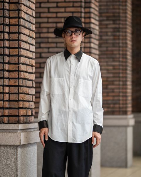 Yohji Yamamoto カフスレザーコットンシャツ (HW-B59-831-1A26)WHITE×BLACK☆7月8日(水)発売！