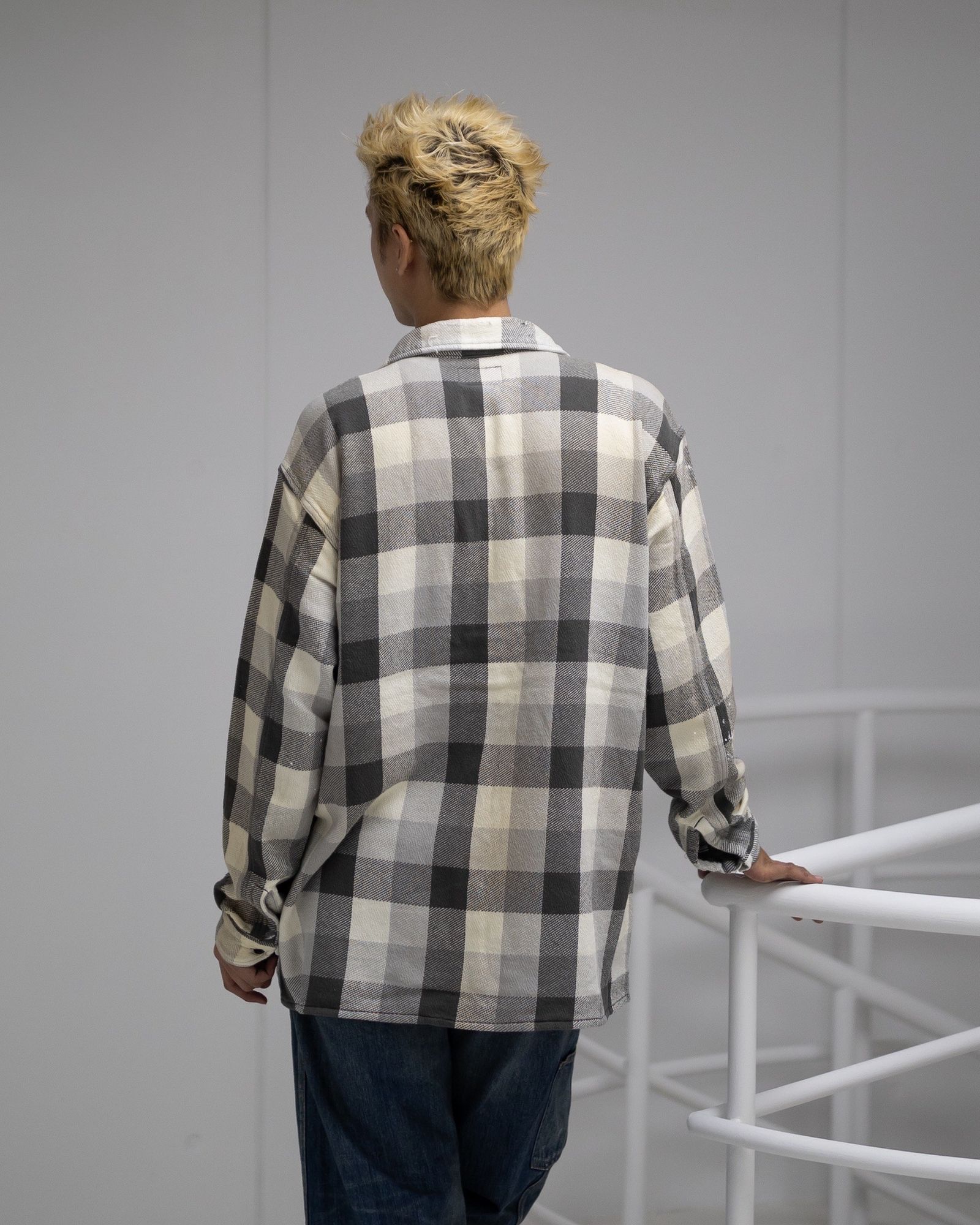 BOW WOW 25FWバウワウ DAMAGED AND STAINED FLANNEL SHIRT(BW252-DSFS) AGED GRAY x WHITE