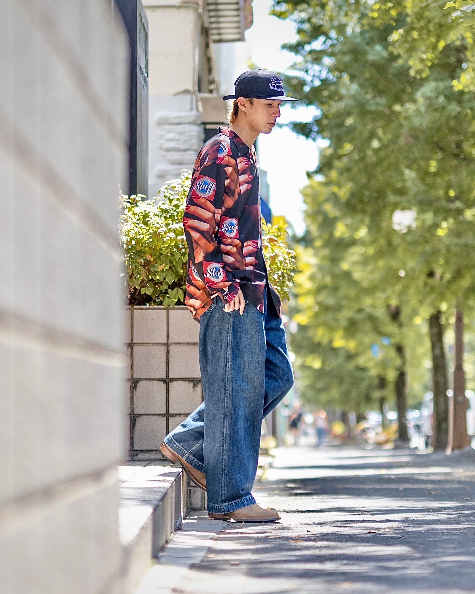 LASTMAN PRINTED OPEN COLLOAR SHIRTS L/S "STUFF" MARK スタイル