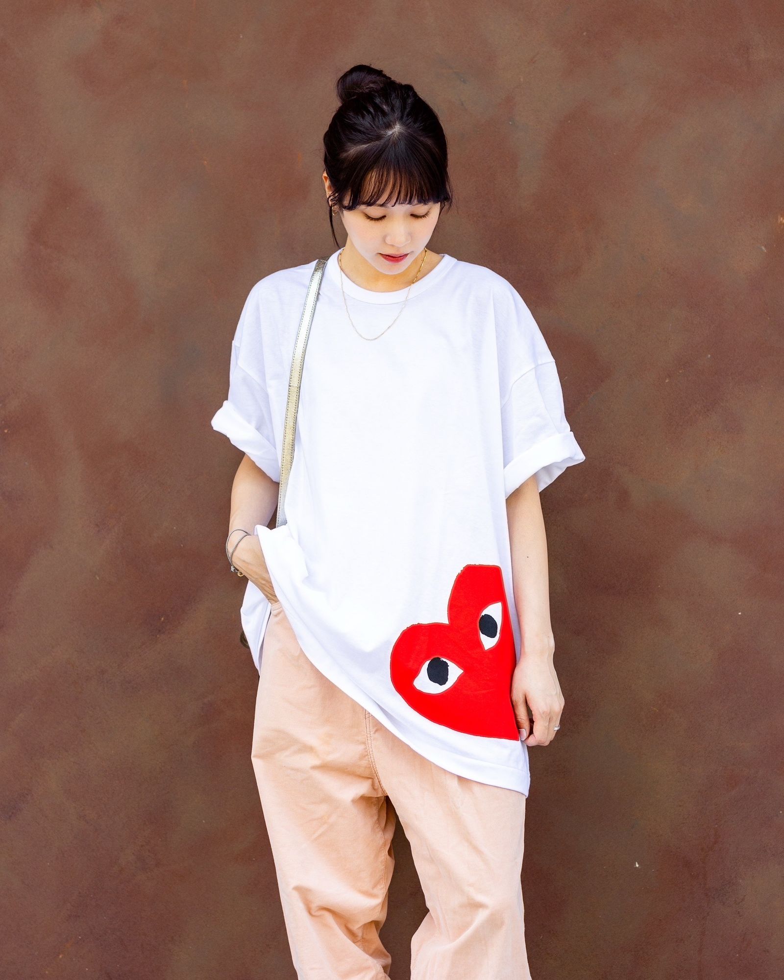 【COMME des GARCONS】オーバーサイズ ハートロゴTシャツ★PLAY PLAY COMME des GARCONS 新作オーバーサイズロゴTシャツstyle