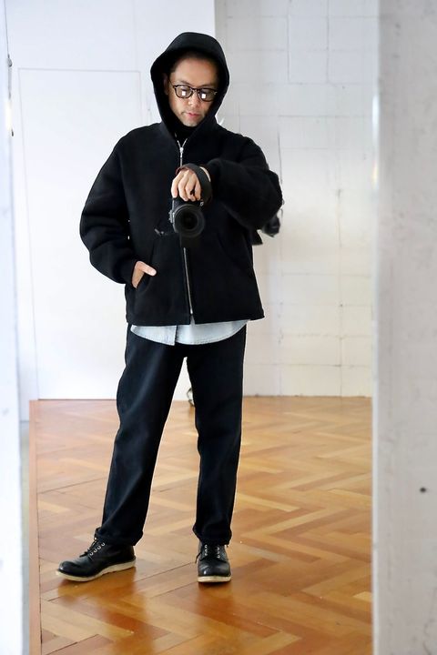 A.PRESSE Mouton ZIP leather Hoodieスタイル