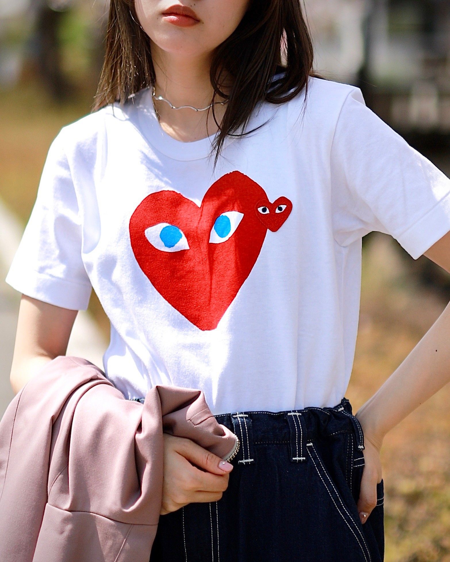 格安在庫あ コム・デ・ギャルソン レディース Tシャツ トップス Middle heart-print cotton-jersey T-shirt  BLACK：ReVida 店