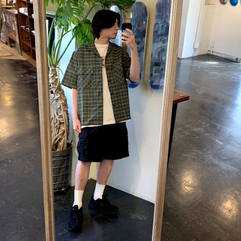 comme des garcons homme リネン綿チェック x 綿タイプライター S/S オープンカラーシャツ style.2022.5.17