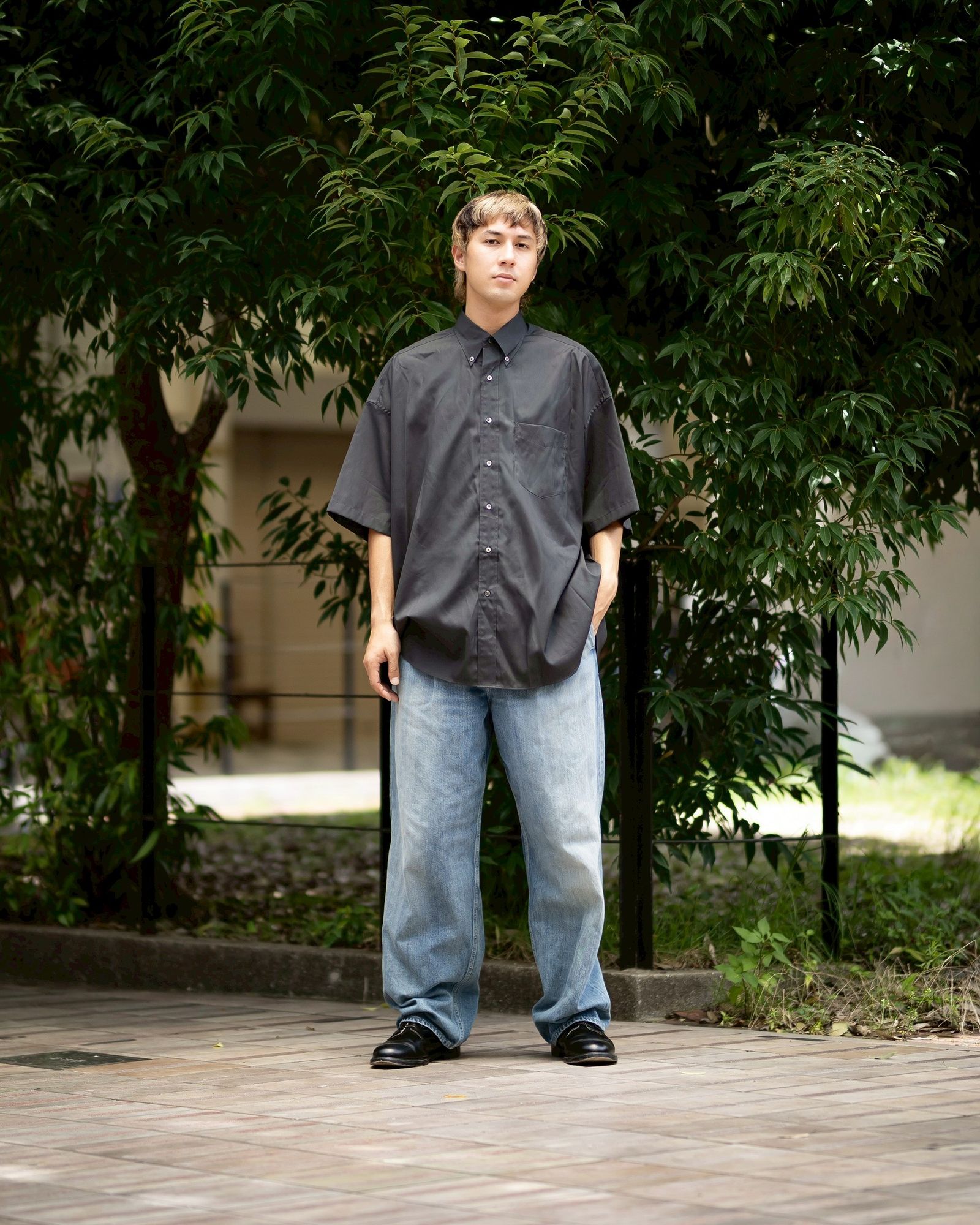 グラフペーパー Easy Care Poplin S/S Oversized B.D Shirt(GM263-50621)GRAY☆7月11日(土)発売！