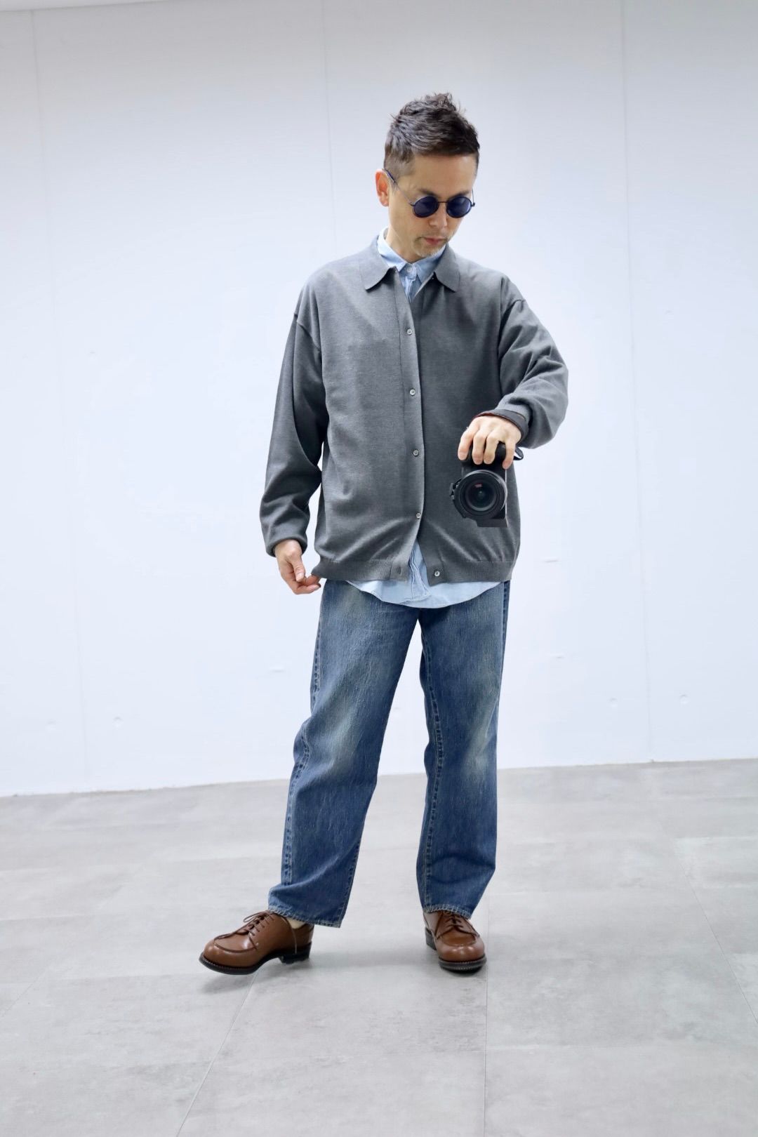 Graphpaper グラフペーパー26SS Suvin High Gauge Knit Oversized L/S Shirts"TOP GRAY"スタイル