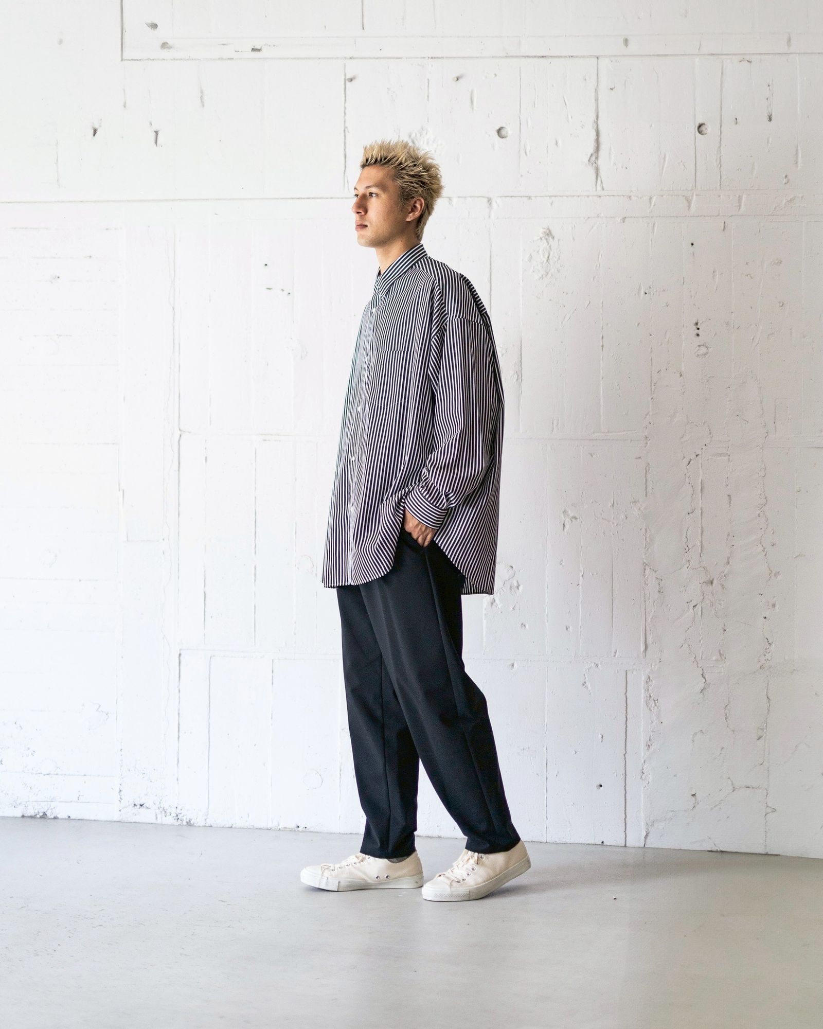 グラフペーパー25AW High Count Regular Collar Round Cut Oversized Shirt (GM253-50030C)BLACK STRIPE☆7月12日(土)発売！