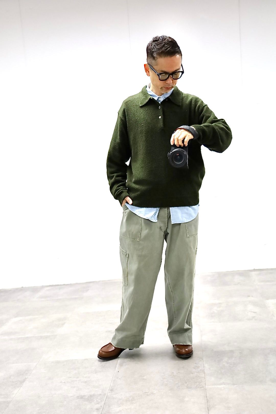 A.PRESSE 2026 STYLE1 Washed Silk Nep Polo Shirt"OLIVE"スタイル