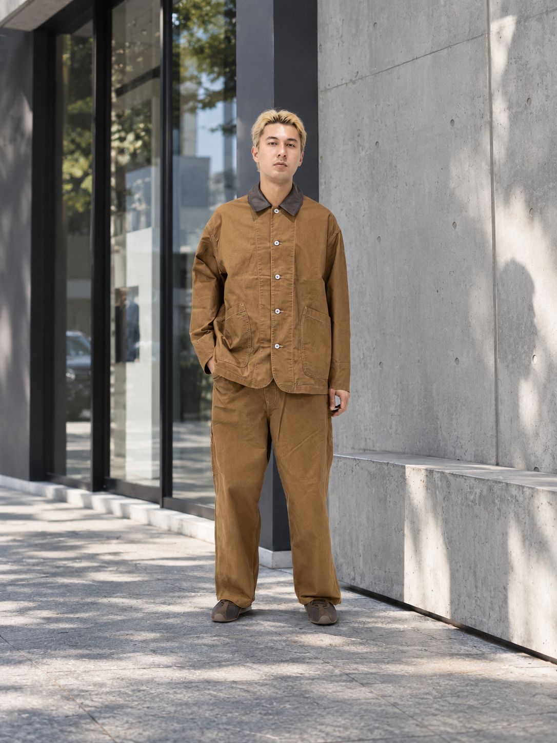 フレッシュサービス COTTON CANVAS LEATHER COLLAR WORK JACKET (CAMEL) MARKスタイル